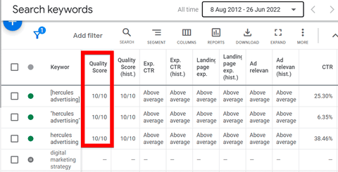 Modify columns to show current and historical Quality Score