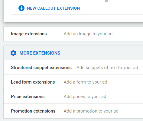 Available extensions for Google call ads