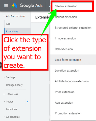 selecting a type of ad extension