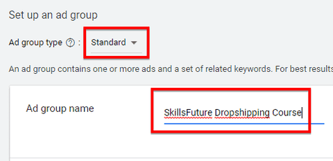 Example of giving your Standard Ad Group a name