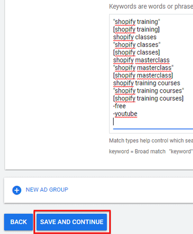 Keyword list including negative keywords in an Ad group