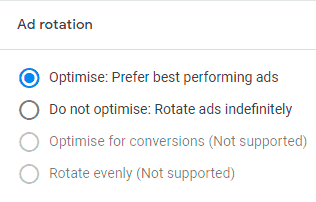 ad rotation can be left at default meaning Google will show the better performing ad more