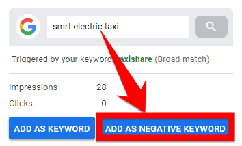 adding an untargeted search terms as a negative keyword in Google Ads