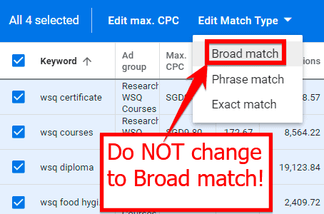 editing keyword match type to broad match