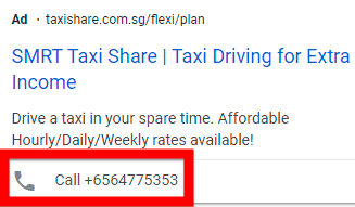 Example of a call extension showing the phone number in Google Ads