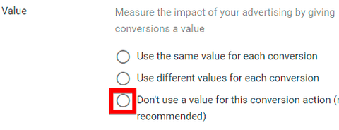 not assigning a value to a conversion action