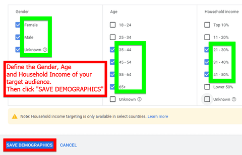 Defining the gender, age and household income of your target persona