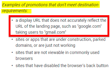 Display URL must accurately reflect landing page URL in Google Ads