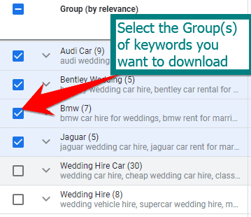 selecting keywords to be exported