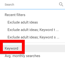apply a filter to the keyword list in Google Keyword Planner