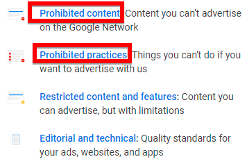 prohibited content and practices in Google Ads policies