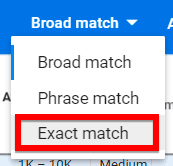Choosing exact match as your keyword match type