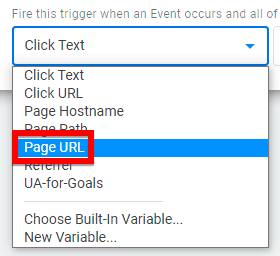 Select page url as an event to fire the GTM trigger