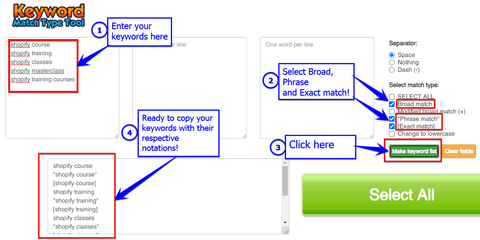 Generating broad, phrase and exact keyword match types using the Keyword Match Type Tool