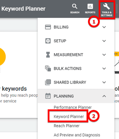navigating to the keyword planner for keyword research