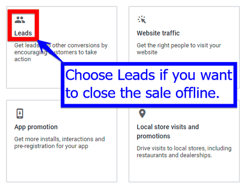 Select 'Leads' as a campaign objective in Google Ads