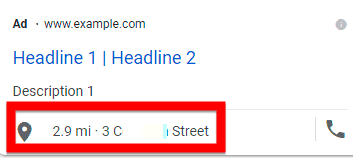 Example of a Location Extension in Google Ads showing the address