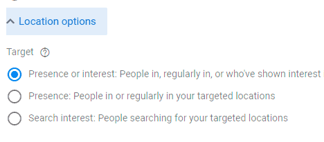 location options available for targeting 
