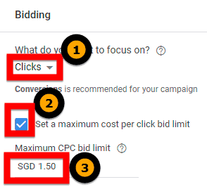 Focus on maximising clicks with a maximum CPC bid limit