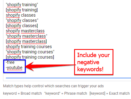 Negative broad match types with the - sign before the keyword