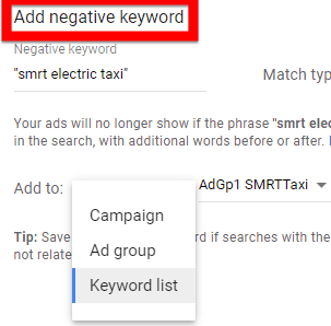 Adding phrase match type of negative keyword