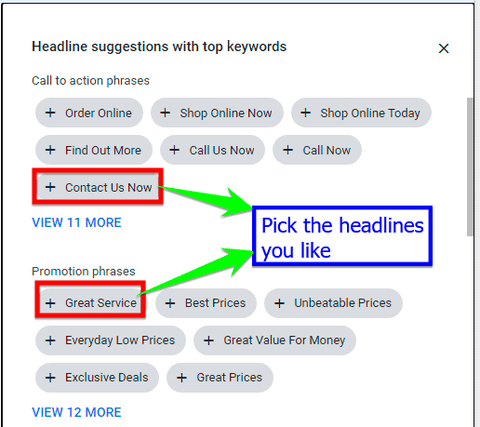 Pick suggested headlines for your RSA ad