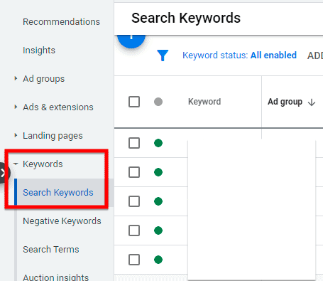 Search Keywords for a campaign and ad group