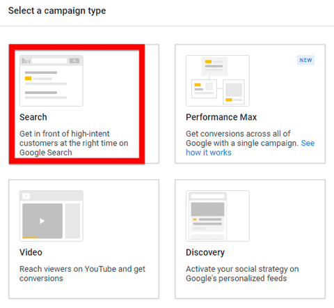 selecting search as a campaign type in Google Ads