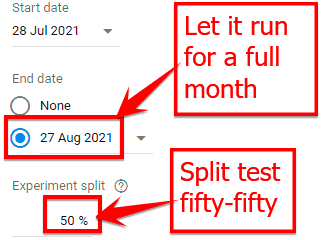 Equally splitting the traffic in a Google Ads campaign experiment