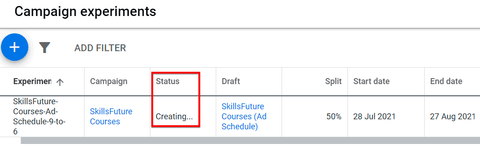 My Google Ads campaign experiment status is still 'creating'