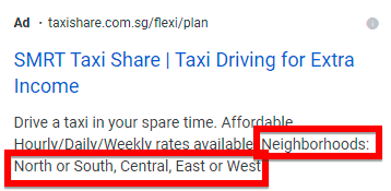 Example of structured snippets in Google Ads extension showing neighbourhoods