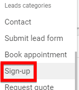 Selecting sign-up under leads categories