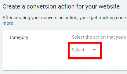 Select the action you would like to track on your website