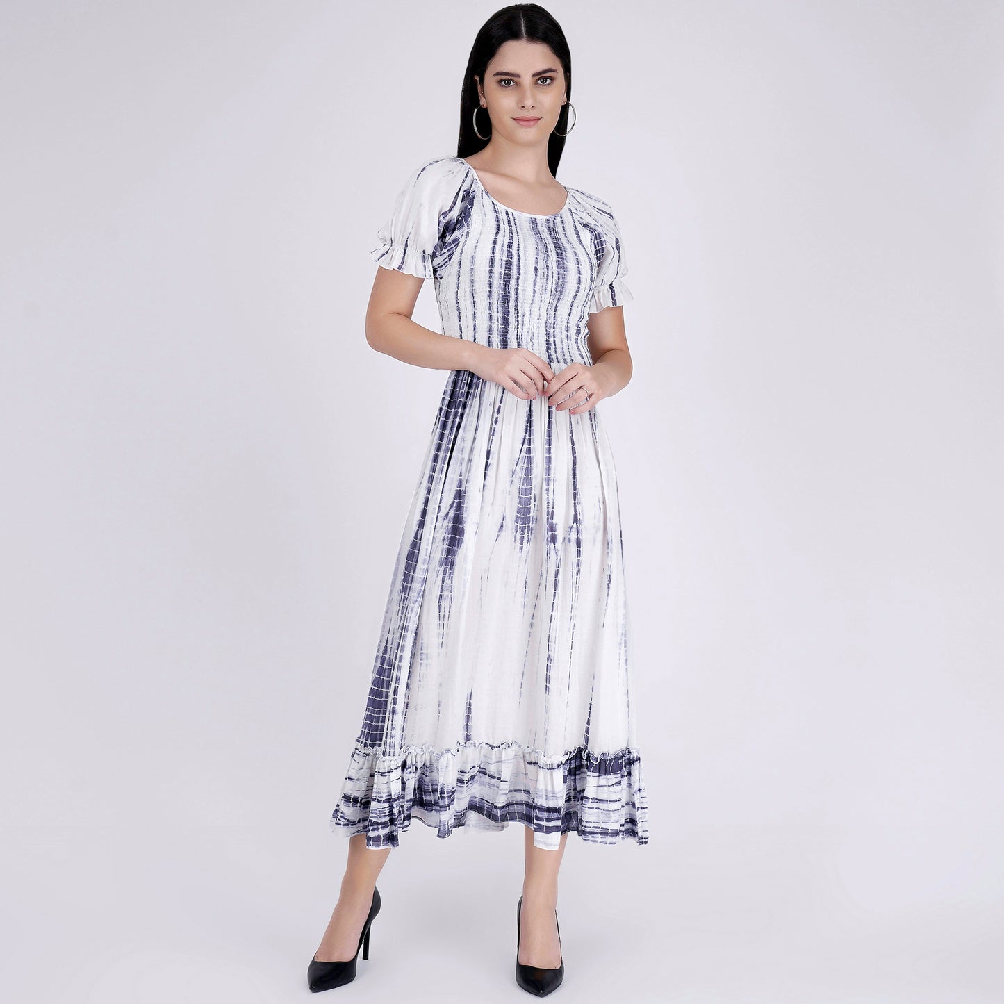 Indigo Tie-Dye Smocking Long Dress With Frill