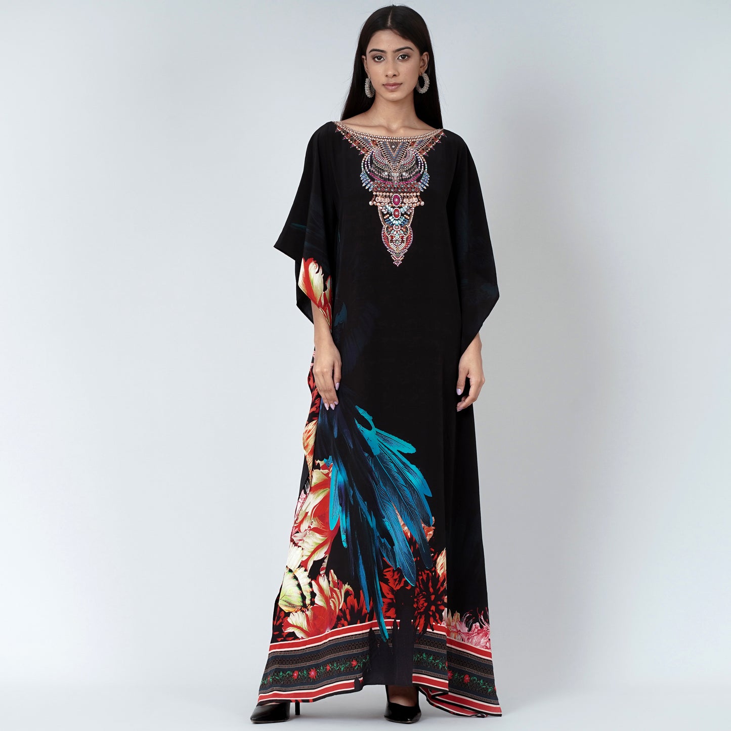 Black And Blue Splash Print Embellished Silk Full Length Kaftan
