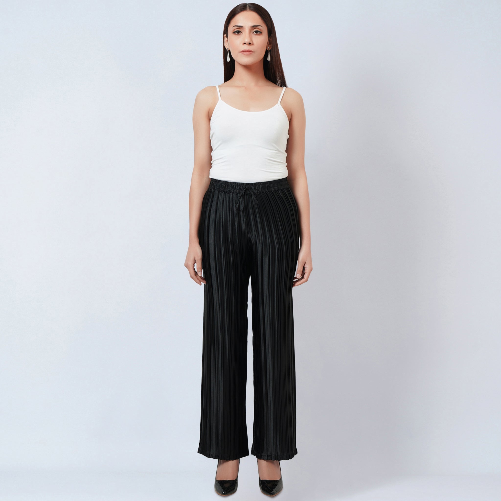 Womens Chiffon Palazzo Pants Casual Loose Pleated Straight Trousers Pants  Elastic Waist Wide Leg Pants with Pockets - Walmart.com