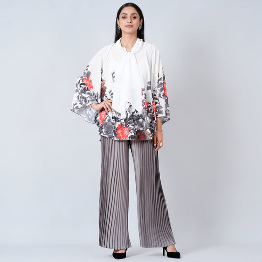 Grey Floral Top and White Pleated Palazzo Set – First Resort by