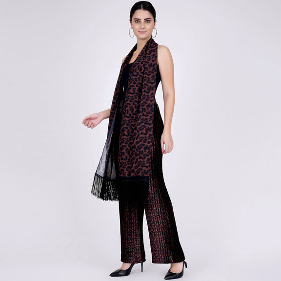 Brown Animal Print Pleated Palazzos And Stole Set – First Resort by