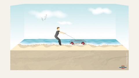 Illustration d'une personne sur la plage pratiquant la pêche à pieds de coquillages.