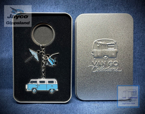 Personalized Blue Camper Van Key Ring in White and Black Imitation