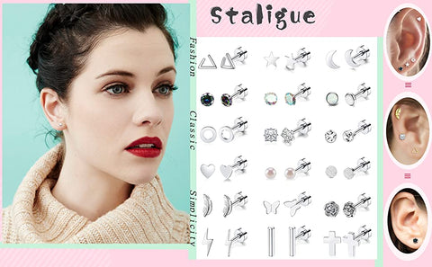 18Pairs 20G Stainless Steel Stud Earrings Cartilage Stud Earrings Hypoallergenic Flatback Earrings for Women Men
