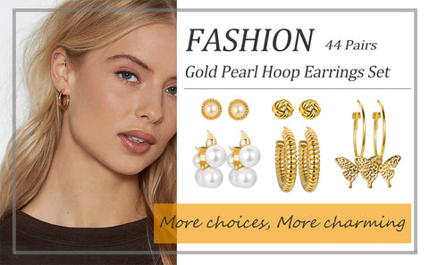 44 Pairs Gold Hoop Earrings Set for Women Multipack, Fashion Dangle Heart Statement Pearl Earrings Pack, Hypoallergenic Chunky Hoops Jewelry for Birthday Party Gift