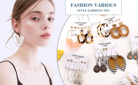 47 Pairs Fashion Earrings for Women Girls, Boho Statement Tassel Rattan Leather Earrings Butterfly Acrylic Hoop Stud Drop Dangle Earrings Set, Hypoallergenic for Sensitive Ears