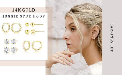 Earring Sets for Multiple Piercing 14K Gold Plated Studs Earrings and Hoops Set Hypoallergenic Small Hoop CZ Ball Studs Earrings for Women Girls（6 Pairs）