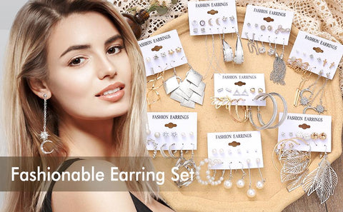 Fashion Earrings for Women Girls, Funtopia 68 Pairs Drop Dangle Earrings, Statement Stud Earrings Pearl Earrings Set for Party Jewelry Gift (Gold and Silver)