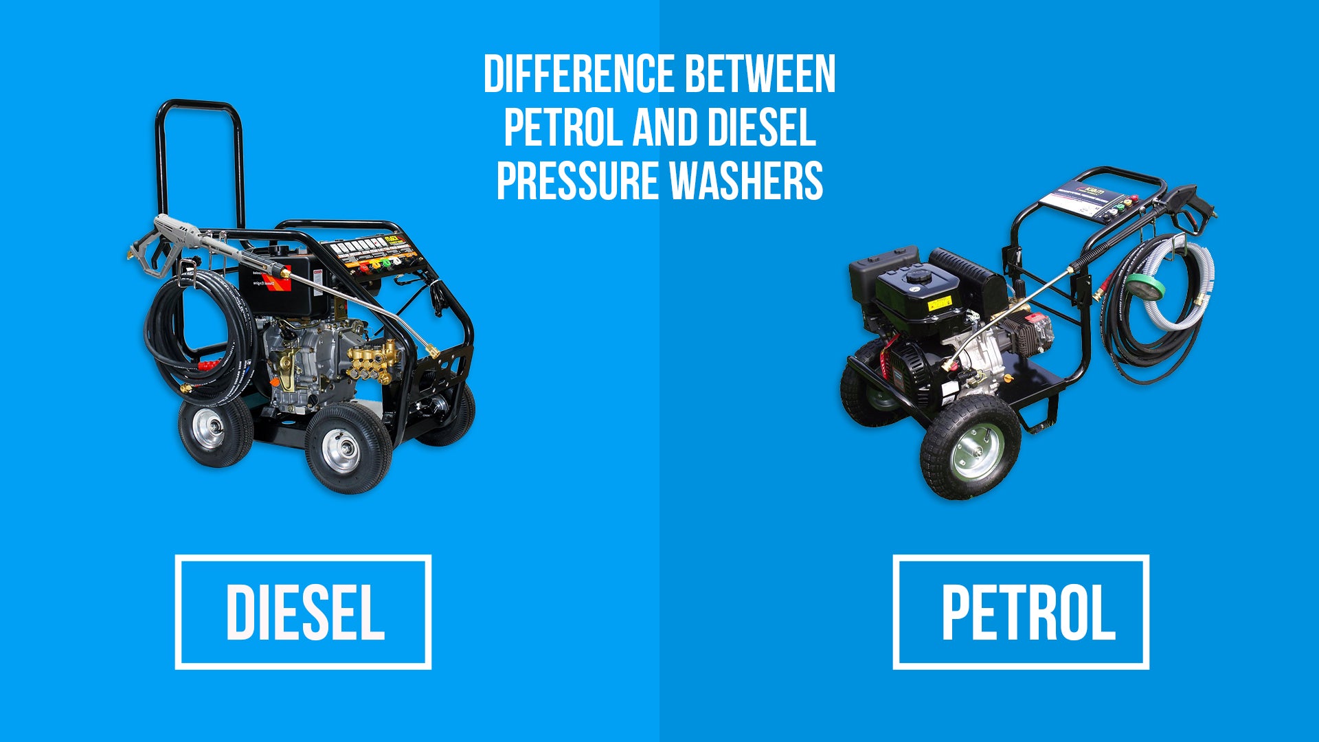 \difference between petrol and diesel pressure washers comparison against a blue background
