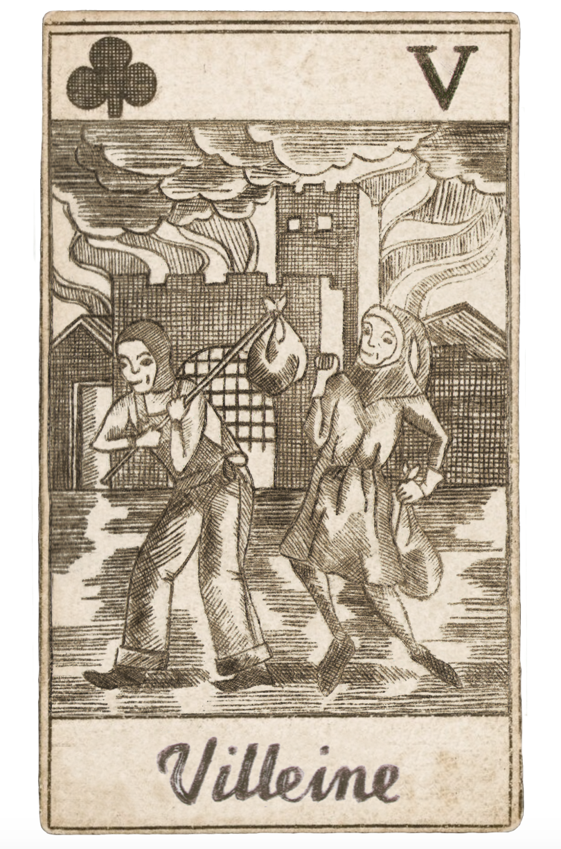Medieval playing card etching of two villeines walking to a castle