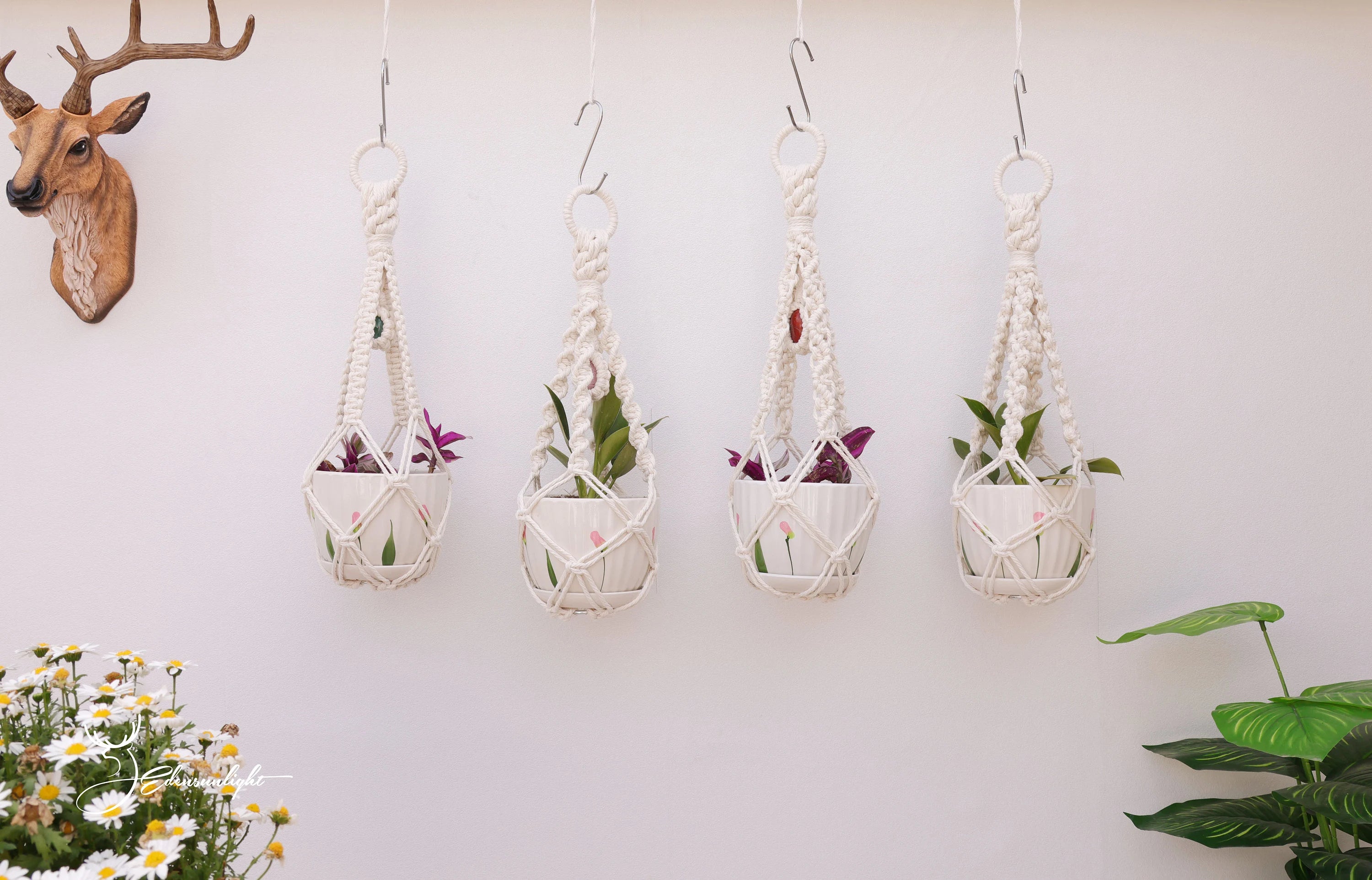 Macrame crystal plant hanger, Boho No tail/ no Tassel/tassel-free plant pot holder for indoor garden, Macrame crystal wall hanging sun catcher