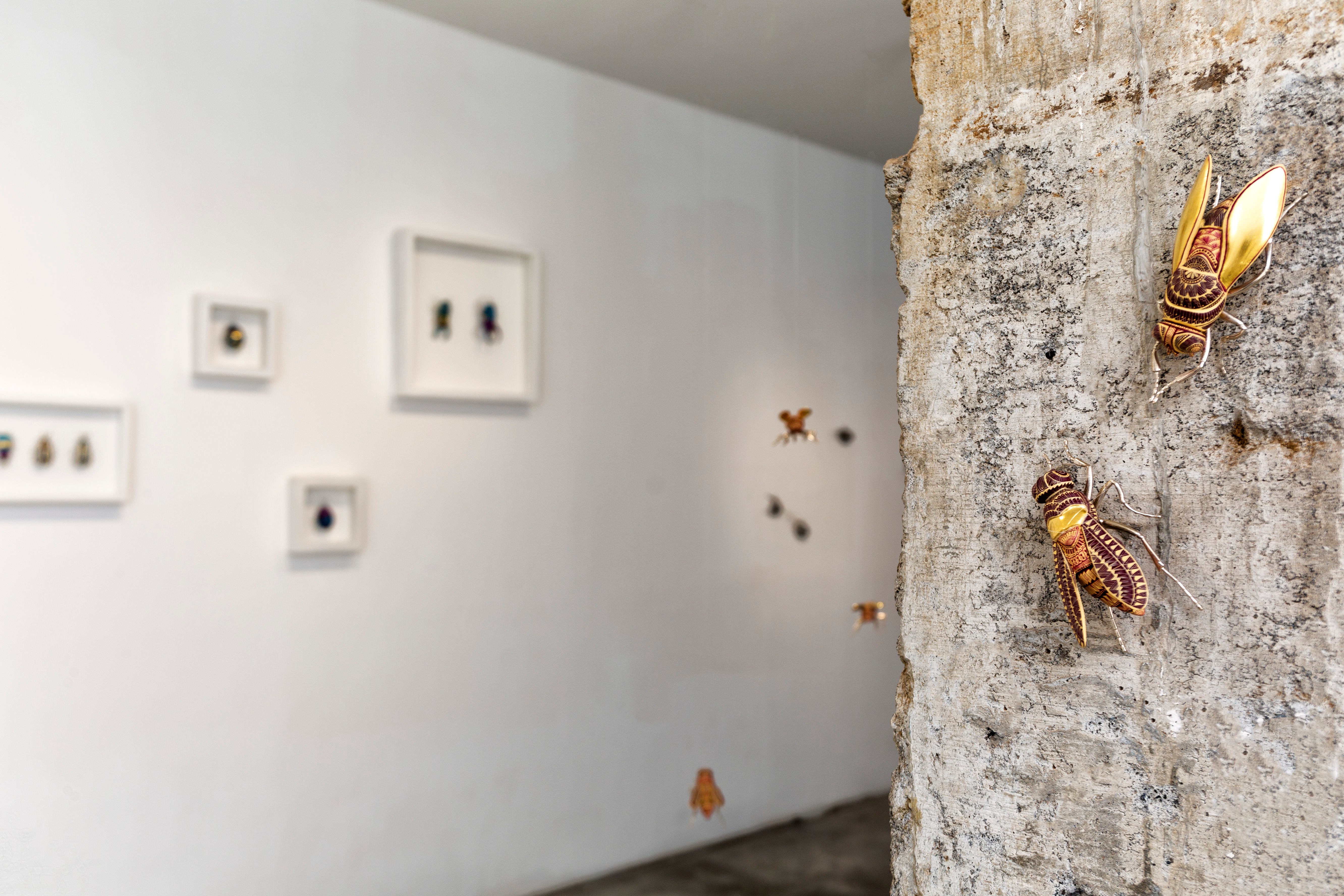 Aufbau der Insektenplage-Ausstellung in handgemalten Alebrije von Jacob und Maria