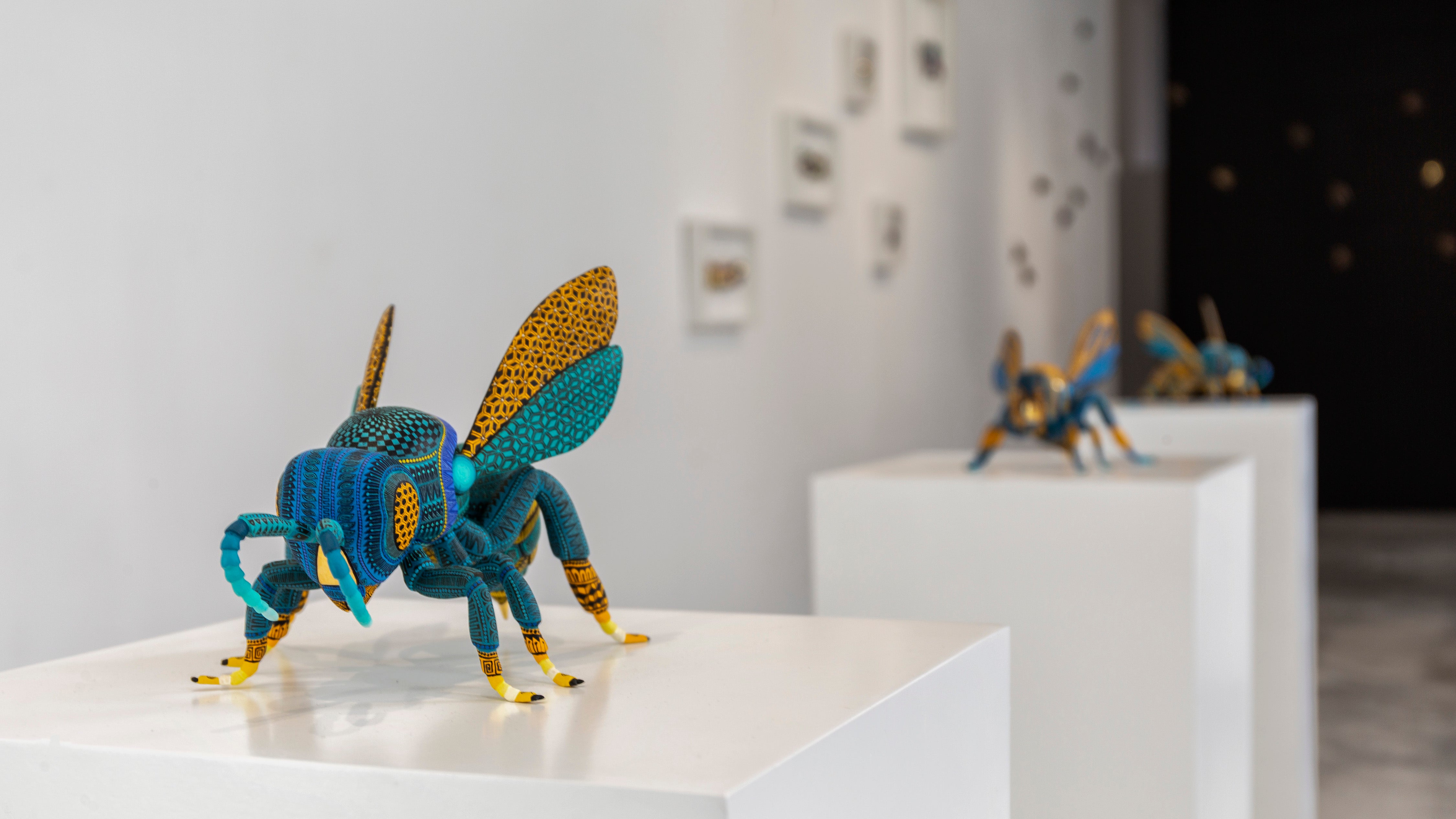 Aufbau der Insektenplage-Ausstellung in handgemalten Alebrije von Jacob und Maria